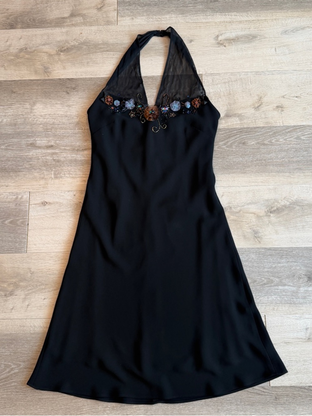 Nine West black beaded A line flowy flare dress mesh halter size 10